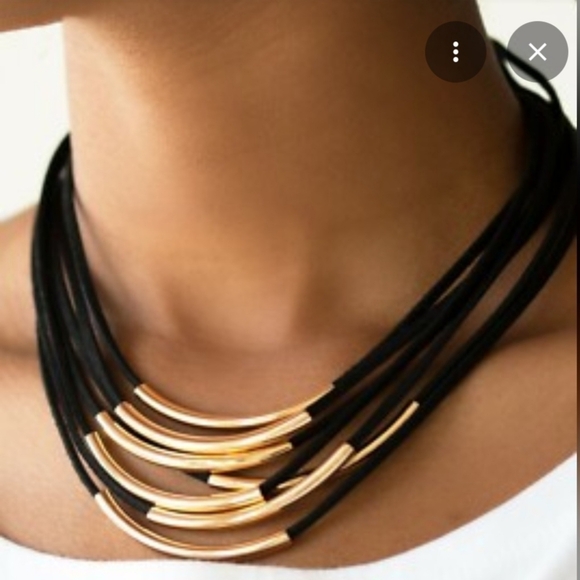 Fashion Jewelry Jewelry - Multi Strand Black Medallion Cord & Gold Tube Beaded Necklace & Earrings Set